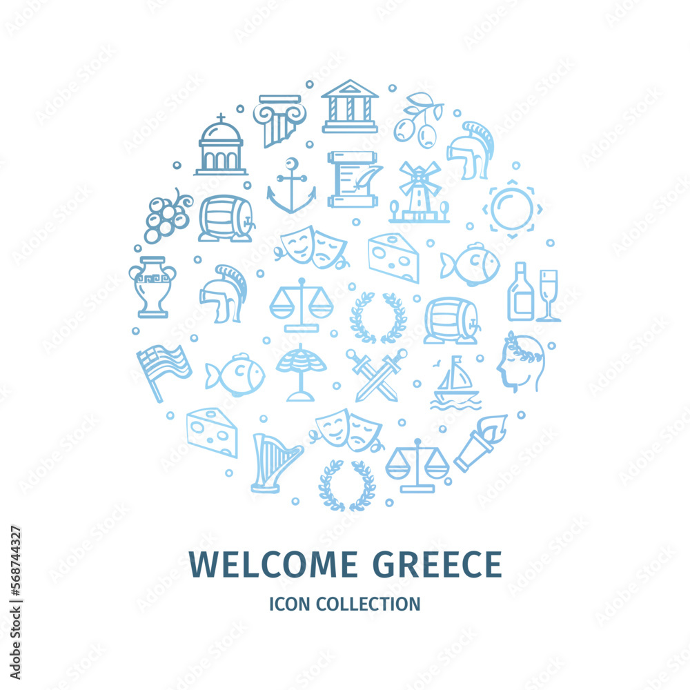 Greece Travel and Tourism Round Design Template Blue Thin Line Icon Concept for Promotion, Marketing and Advertising. Vector illustration