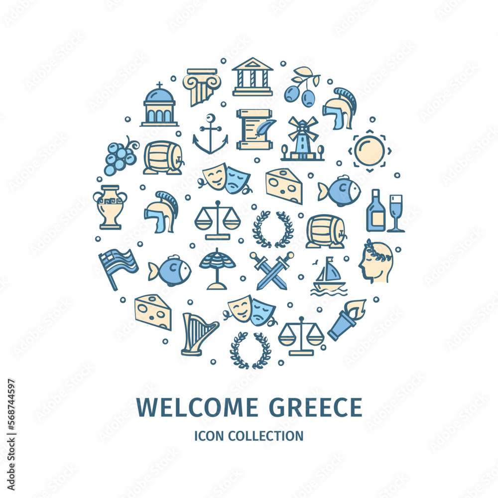 Greece Travel and Tourism Round Design Template Color Thin Line Icon Concept for Promotion, Marketing and Advertising. Vector illustration Greece Travel and Tourism Round Design Template Color Thin Line Icon Concept for Promotion, Marketing and Advertising. Vector illustration