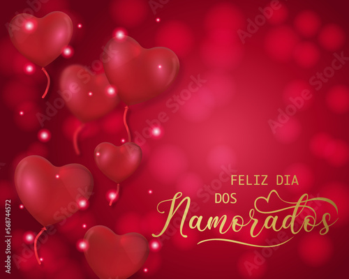cartão ou banner para desejar um feliz dia dos namorados em ouro sobre um fundo gradiente vermelho com círculos em efeitos bokeh, balões em forma de corações vermelhos e círculos brancos e vermelhos