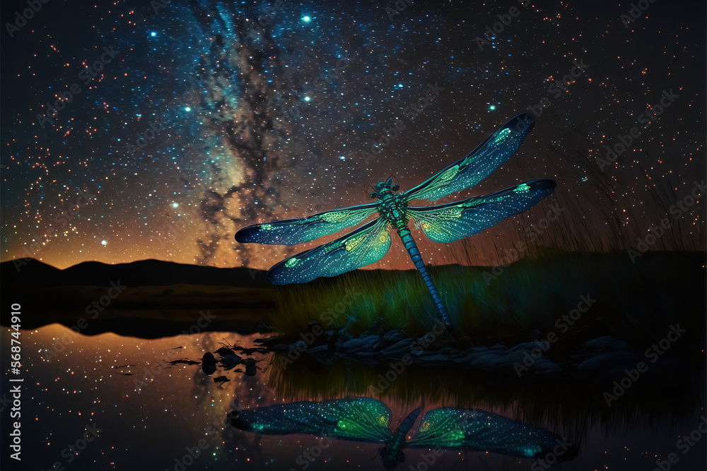 night scenery magic dragonfly wallpaper generative ai Stock