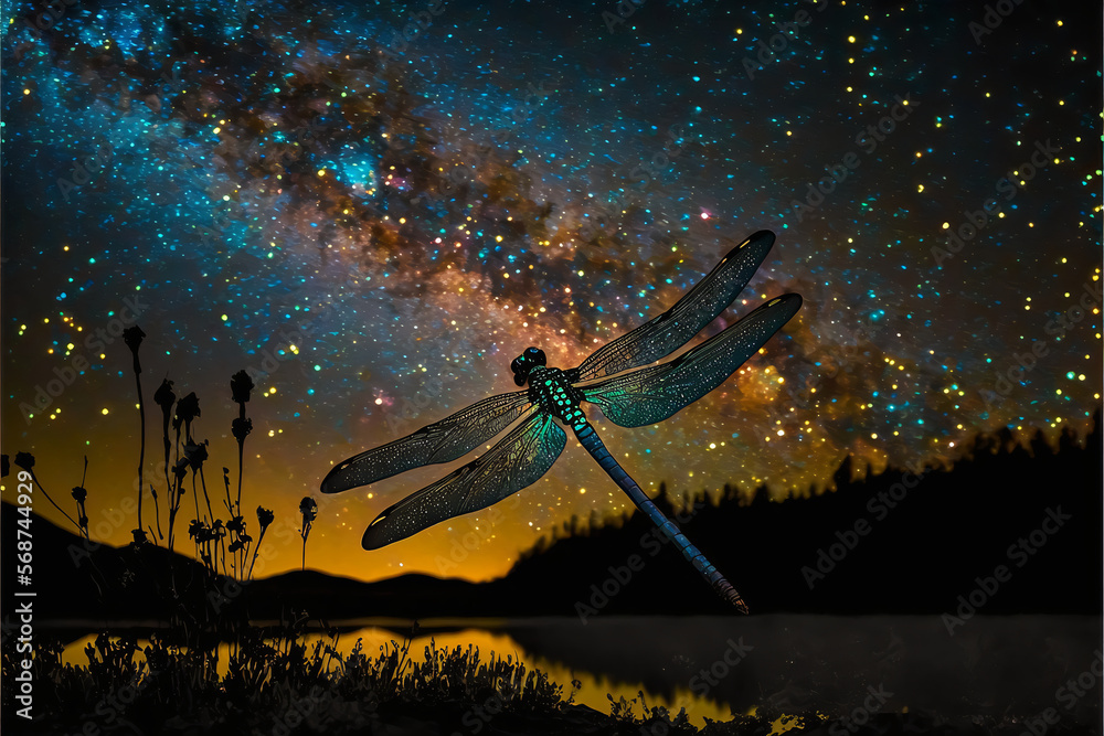 night scenery magic dragonfly wallpaper generative ai Stock
