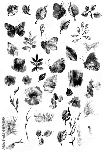 A set of spots. Collection of flowers, butterflies, foliage, different shapes and geometries.Isolated drawing for creating masks and brushes in photoshop and procrit. Silhouettes of abstract shapes