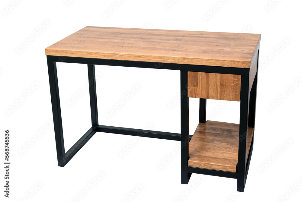 Front view of empty modern computer desk made of wood and steel isolated on white. loft style Front view of empty modern computer desk made of wood and steel isolated on white. loft style