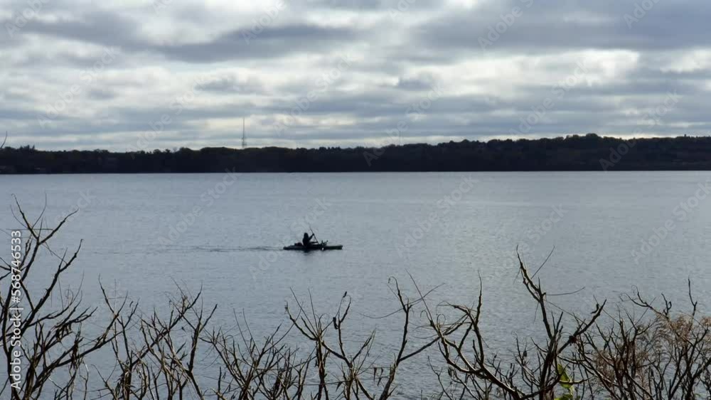 Primary focus is on foreground bushes, with kayak passing by on cloudy day. Primary focus is on foreground bushes, with kayak passing by on cloudy day.