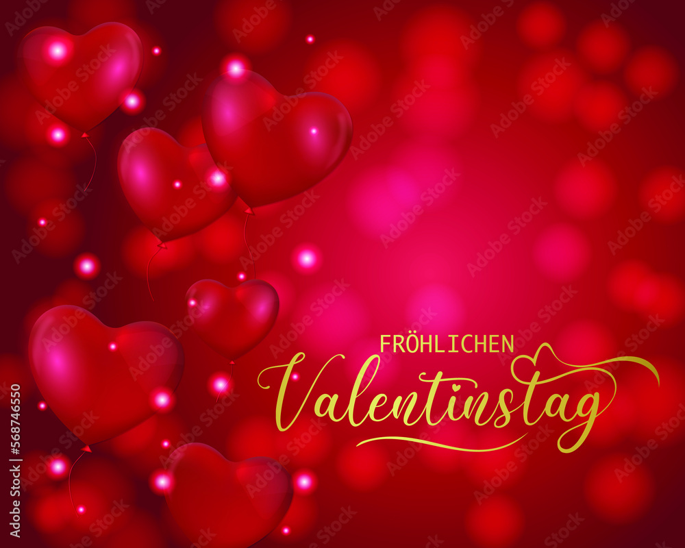 Karte oder Banner, um einen fröhlichen Valentinstag in Gold auf einem roten Hintergrund mit Farbverlauf mit Kreisen in Bokeh-Effekten, Luftballons in Form von roten Herzen und weißen und roten Kreisen