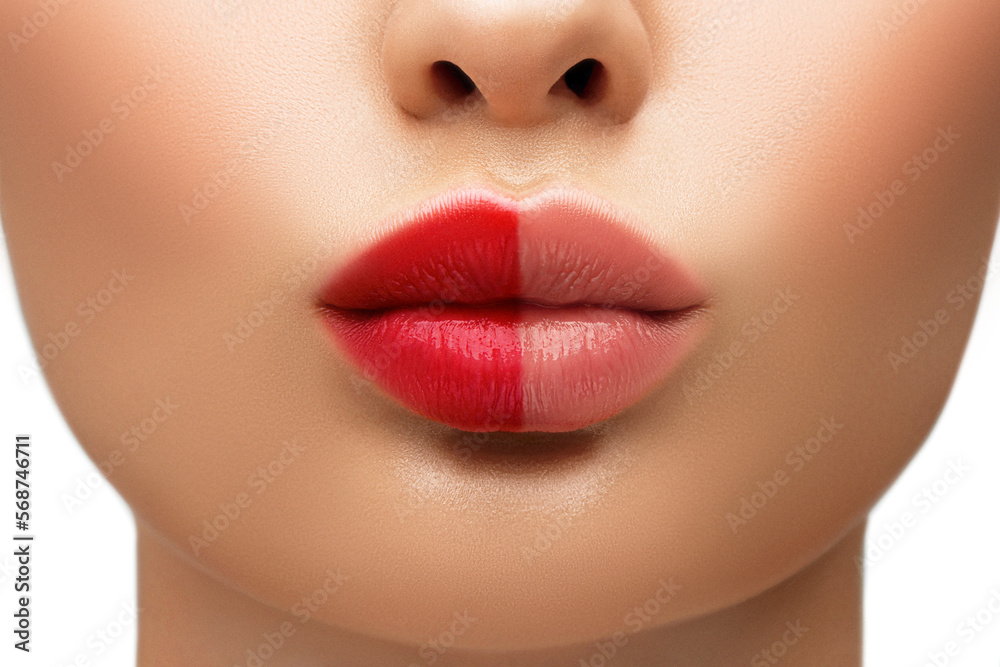 Female lips before and after make-up comparison, close-up portrait. Blowing kiss. Red liquid lipstick and hygienic balm. Facial natural and art decorative cosmetics makeup. Female lips before and after make-up comparison, close-up portrait. Blowing kiss. Red liquid lipstick and hygienic balm. Facial natural and art decorative cosmetics makeup.