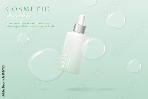 Skin care product and package  ads template on mint green background with essence.