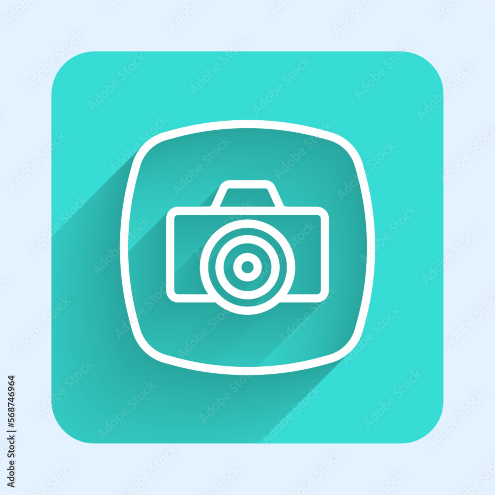 White line Photo camera icon isolated with long shadow background. Foto camera. Digital photography. Green square button. Vector White line Photo camera icon isolated with long shadow background. Foto camera. Digital photography. Green square button. Vector