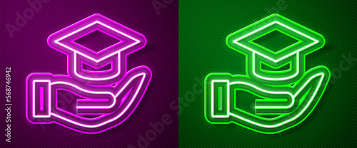 Glowing neon line Education grant icon isolated on purple and green background. Tuition fee, financial education, budget fund, scholarship program, graduation hat. Vector
