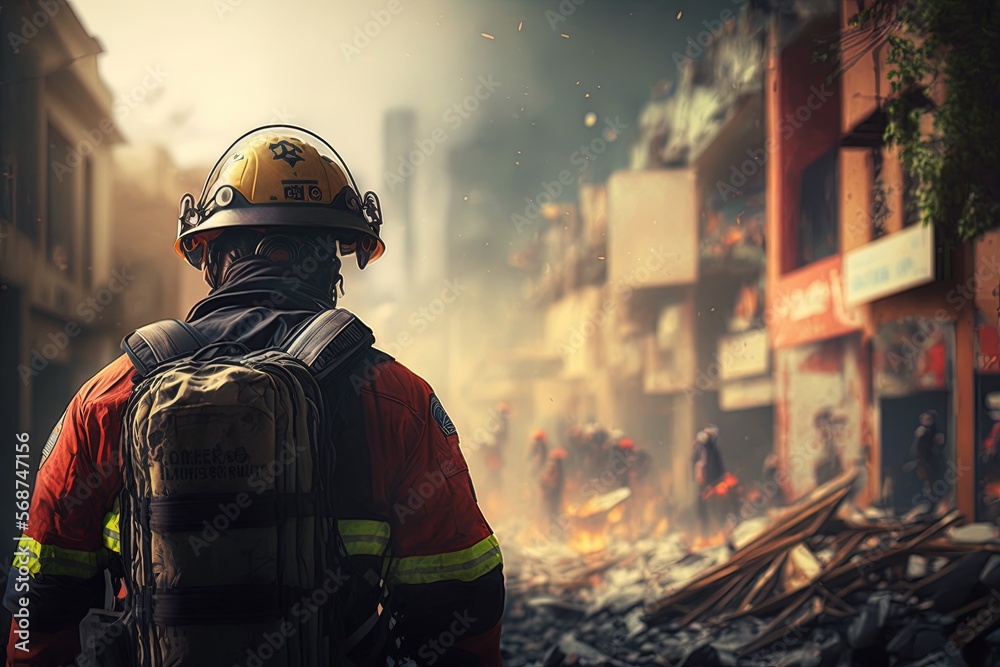 A fireman from the rescue team trying to help people after an earthquake or tornado in a devastated city in ruins. Generative ai A fireman from the rescue team trying to help people after an earthquake or tornado in a devastated city in ruins. Generative ai