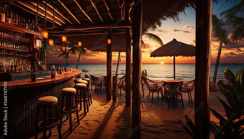 beautiful romantic beach bar with seascape at sunset or sunrise, idea for perfect summer vacation background wallpaper, Generative Ai 