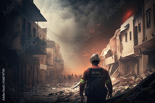 A fireman from the rescue team trying to help people after an earthquake or tornado in a devastated city in ruins. Generative ai