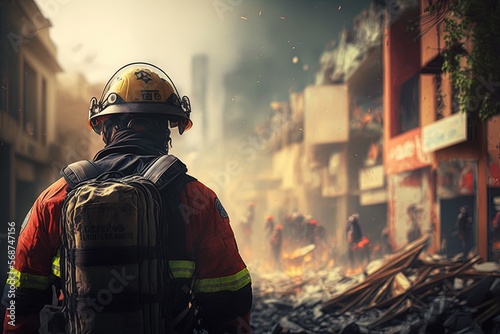 A fireman from the rescue team trying to help people after an earthquake or tornado in a devastated city in ruins. Generative ai