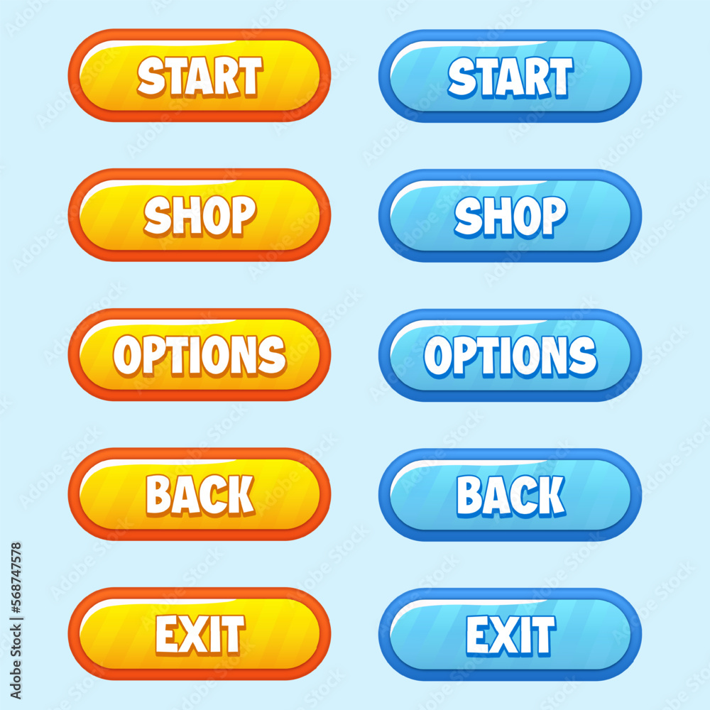 A Collection of GUI Vector yellow and blue buttons with editable text effect for the design of the user interface of casual mobile games and applications. Yellow and blue buttons in candy style. A Collection of GUI Vector yellow and blue buttons with editable text effect for the design of the user interface of casual mobile games and applications. Yellow and blue buttons in candy style.