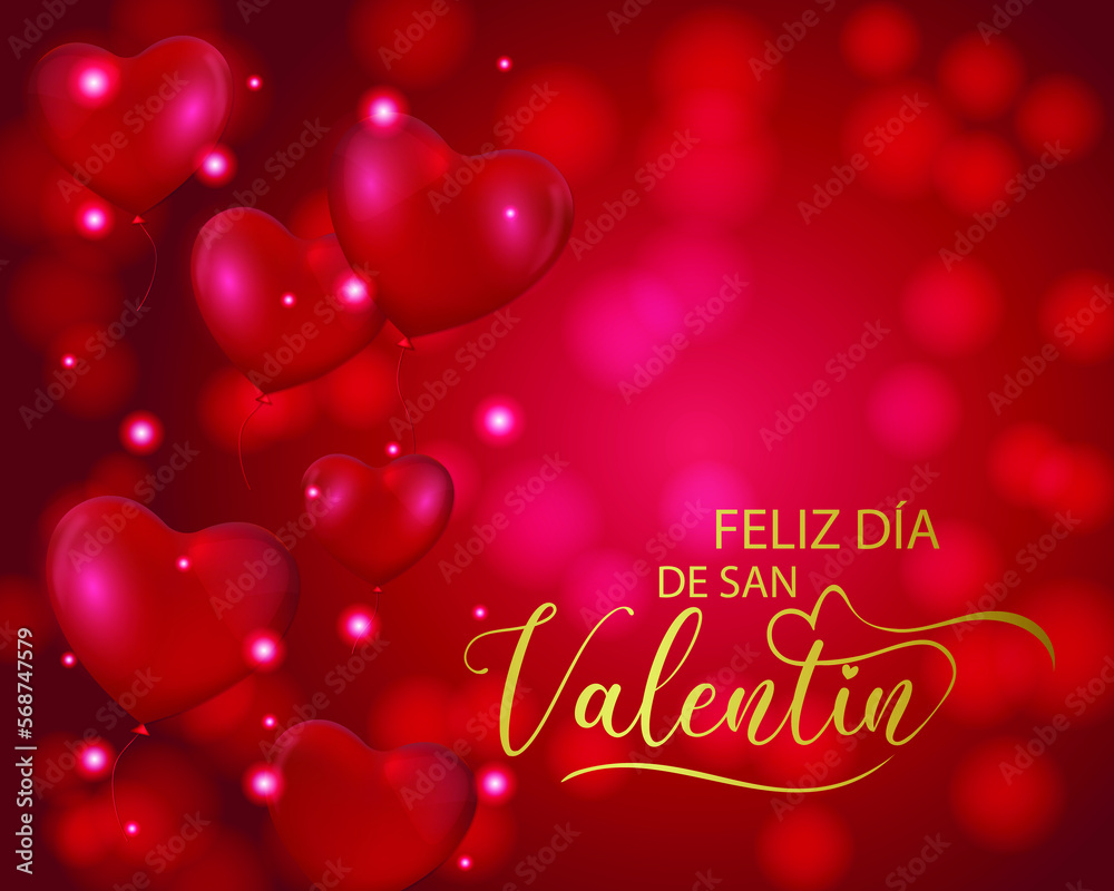 tarjeta o pancarta para desear un feliz Día de San Valentín en oro sobre un fondo rojo degradado con círculos en efectos de bokeh, globos en forma de corazones rojos y círculos blancos y rojos