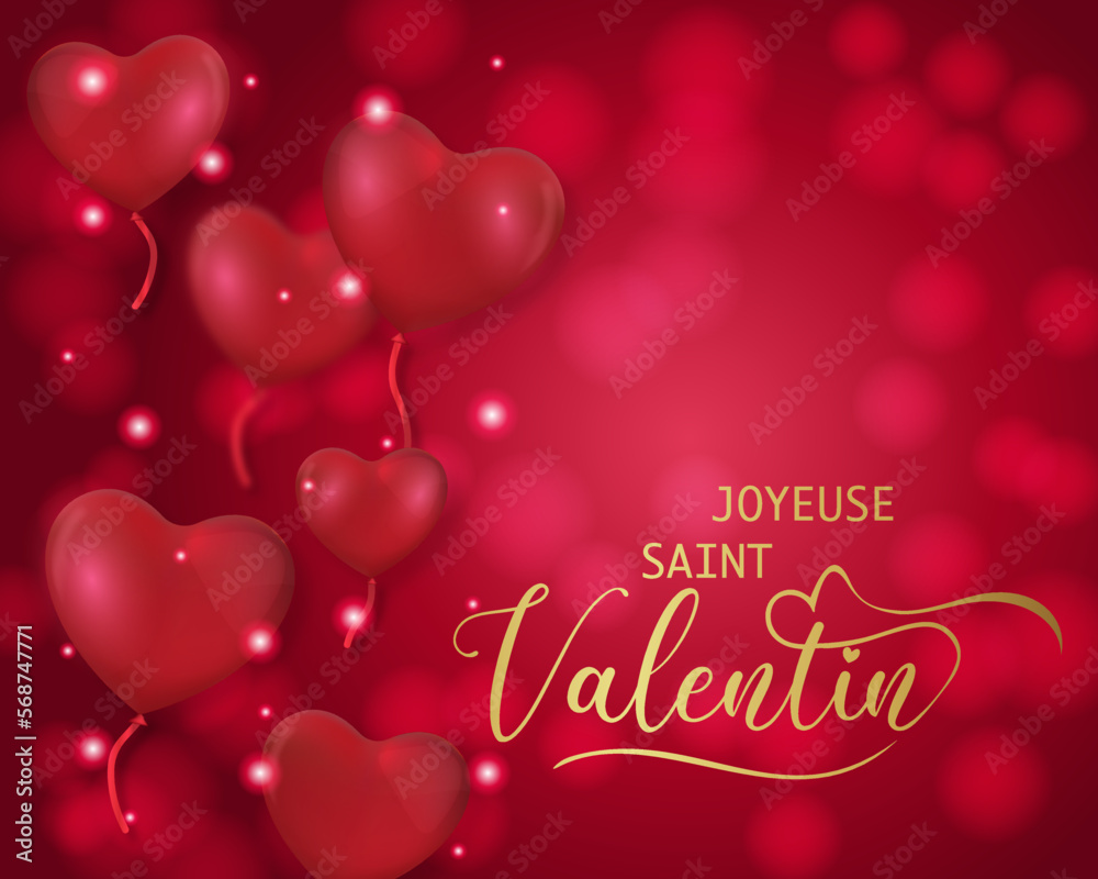 carte ou bandeau pour souhaiter une joyeuse Saint Valentin en or sur un fond rouge en dégradé avec des ronds en effets bokeh des ballons en forme de coeurs rouge et des ronds blanc et rouge 