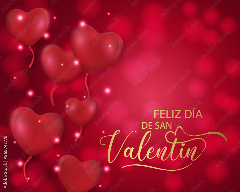 tarjeta o pancarta para desear un feliz Día de San Valentín en oro sobre un fondo rojo degradado con círculos en efectos de bokeh, globos en forma de corazones rojos y círculos blancos y rojos
