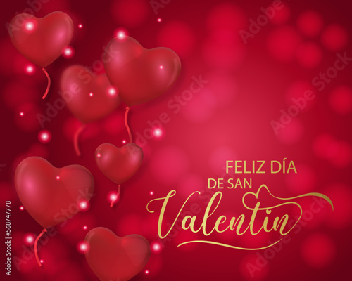tarjeta o pancarta para desear un feliz Día de San Valentín en oro sobre un fondo rojo degradado con círculos en efectos de bokeh, globos en forma de corazones rojos y círculos blancos y rojos