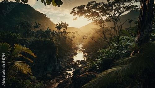 thick green lush tropical rain forest  inspired from Amazon landscape  Generative Ai