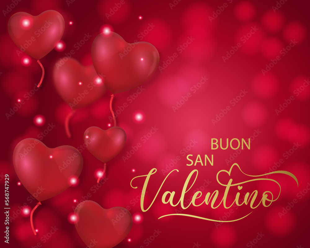 biglietto o striscione per augurare un buon San Valentino in oro su sfondo rosso sfumato con cerchi in effetti bokeh, palloncini a forma di cuori rossi e cerchi bianchi e rossi