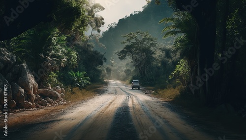 tropical forest along side the long countryside road, Generative Ai 