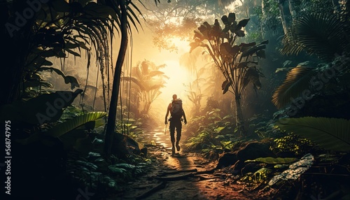 a person woman or man go trekking in jungle, generative Ai © QuietWord
