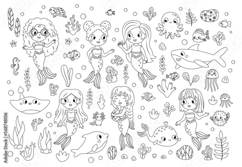 Coloring page with mermaids  sea and ocean animals  underwater plants. Fairy tale characters. Coloring book for kids. Black and white vector illustration.