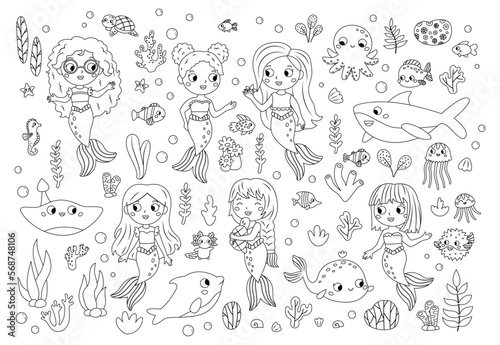 Coloring page with mermaids, sea and ocean animals, underwater plants. Fairy tale characters. Coloring book for kids. Black and white vector illustration.
