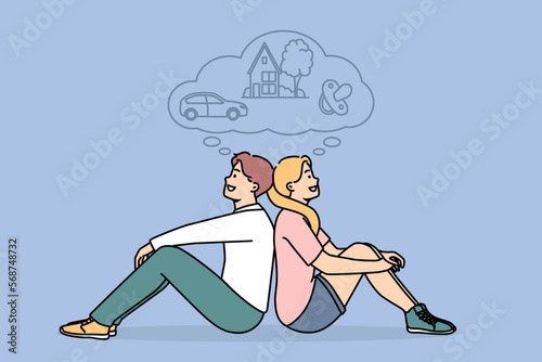 Happy dreamy couple imagine bright future together. Smiling man and woman dream of shared life, make plans for motherhood, realty and car. Family planning. Vector illustration. 