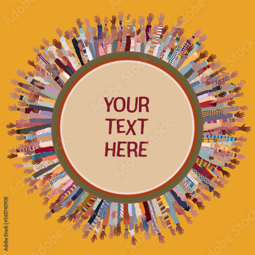 Many black skin African American men women children seniors  group raised hands arms in circle around round copy space. Black history month concept banner poster. Racial equality.Inclusion
