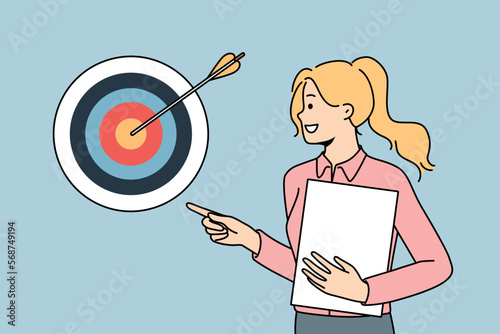 Smiling successful businesswoman posing near arrow reaching hitting target. Confident motivated female employee show aim achievement. Success at work. Vector illustration. 