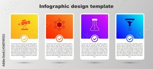 Set Telescope, Molecule, Test tube and Funnel or filter. Business infographic template. Vector