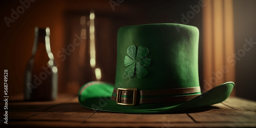 Happy St Patrick's Day. A green leprechaun hat with shamrock rests on a wooden table. Background for the banner. Themed holiday concept. Generative AI