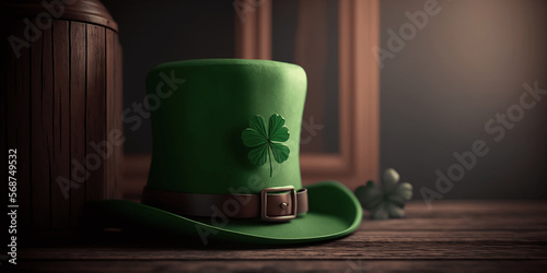 Happy St Patrick's Day. Green leprechaun hat with shamrock in the tavern. Dark background for the banner. Holiday concept. Generative AI