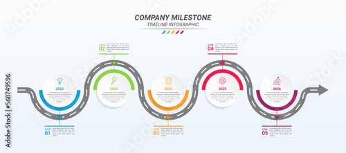 Curve Road Map Infographic Template and Business Icon with Five Steps. Company Milestone Infographic with Road and 5 Step Points for Presentations, Finance Reports, Web Design, and Yearly Reports.