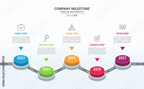 Curve Road Map Infographic Template and Business Icon with Five Steps. Company Milestone 3D Isometric Infographic 5 Step Points for Presentations, Finance Reports, Web Design, and Yearly Reports.
