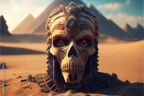 illustration of mummy is alive and awoke behind Egyptian pyramids. AI photo