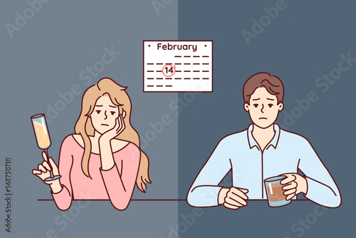 Man and woman celebrate February 14 alone due to absence of second half. Unhappy guy and girl are sad sitting at table because of separation on Valentine Day