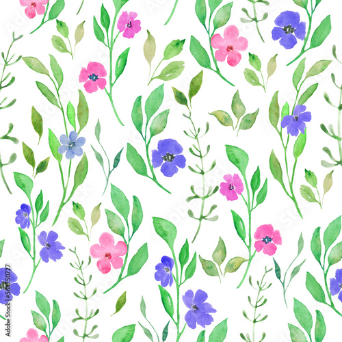 Watercolor seamless pattern with spring flowers. Hand drawn floral illustration isolated on white background. 