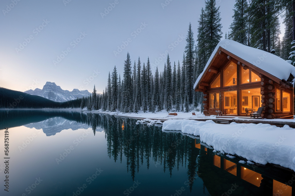 Cabin in the forest by the lake during winter, Generative AI Cabin in the forest by the lake during winter, Generative AI