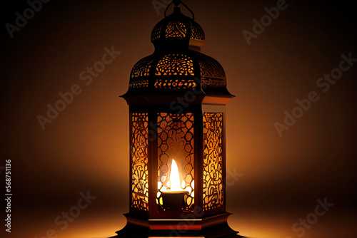 Arabic lantern with burning candle. Generative Ai