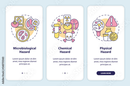 Food safety hazard onboarding mobile app screen. Health walkthrough 3 steps editable graphic instructions with linear concepts. UI, UX, GUI template. Myriad Pro-Bold, Regular fonts used