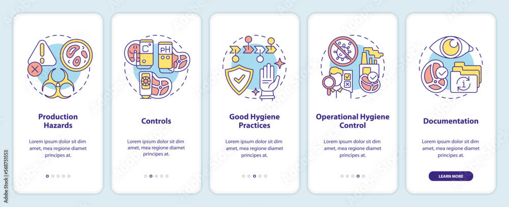 Planning approach to HACCP onboarding mobile app screen. Safety walkthrough 5 steps editable graphic instructions with linear concepts. UI, UX, GUI template. Myriad Pro-Bold, Regular fonts used