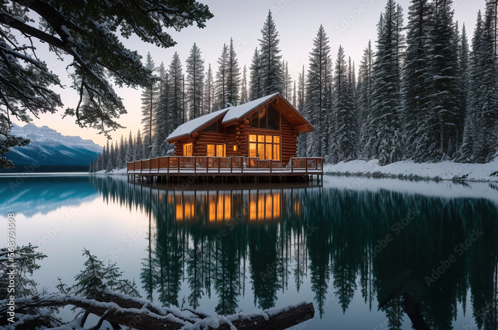 Cabin in the forest by the lake during winter, Generative AI