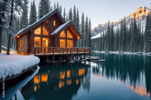 Cabin in the forest by the lake during winter, Generative AI