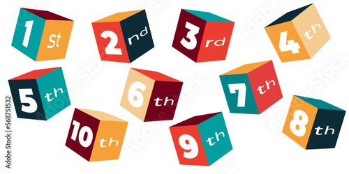 Ordinal numbers from 1 to 10 in colorful cubes. Vector art illustration