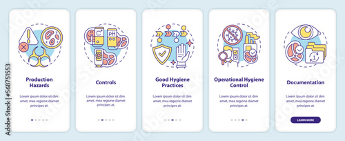 Planning approach to HACCP onboarding mobile app screen. Safety walkthrough 5 steps editable graphic instructions with linear concepts. UI, UX, GUI template. Myriad Pro-Bold, Regular fonts used