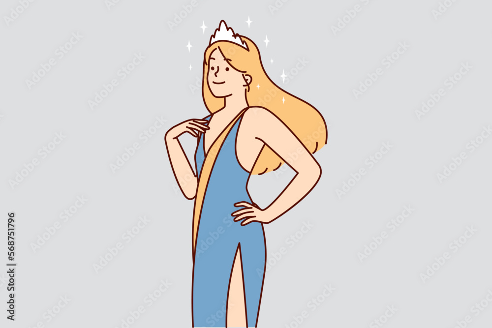 Cheerful woman in evening dress with crown on hair participating in beauty contest or fashion show Cheerful woman in evening dress with crown on hair participating in beauty contest or fashion show