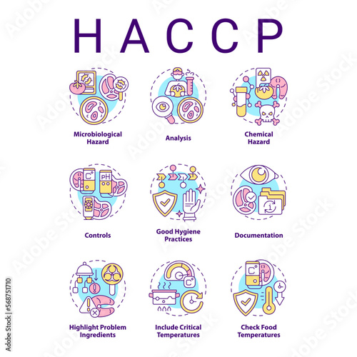 HACC concept icons set. Risk prevention. Hazard analysis critical control point idea thin line color illustrations. Isolated symbols. Editable stroke. Roboto-Medium, Myriad Pro-Bold fonts used