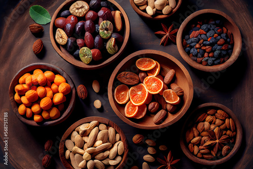 assorted nuts and dried fruit background. Generative Ai